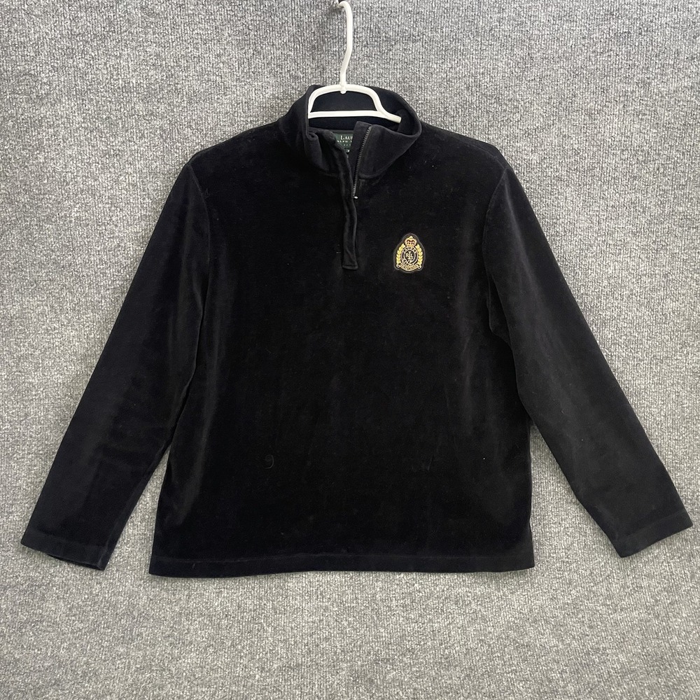 Lauren Ralph Lauren Women's Sz M P Velvet Velour Track Jacket Top Black 1/4 Zip